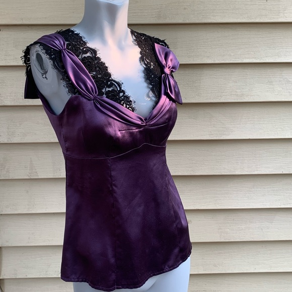 Nanette Lepore Tops - Nanette Lepore y2k purple silk & black lace blouse